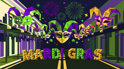 Mardi Gras street with jester masks and fireworks display