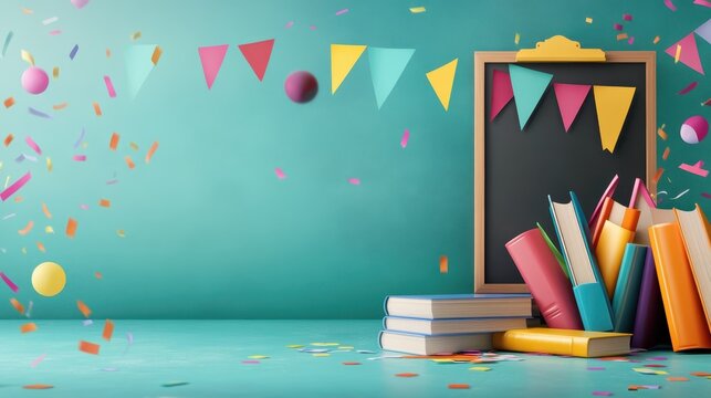 Flyer with bright banners, books, and a chalkboard background announcing a back-to-school open house event.