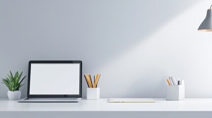 Laptop on a white table with a sleek modern design, surrounded by office supplies in a minimalist environment