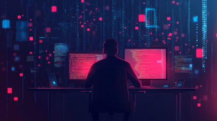 Poster - A shadowy figure sits at a computer, surrounded by flashing code and symbols. This represents the threat of online fraud and hacking, where cybercriminals try to steal information and money.