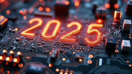 Poster - digital circuit board with glowing numbers 2025 representing future technological advancements