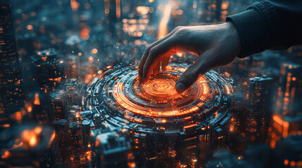 Poster - A hand is reaching into a glowing circle in the middle of a city