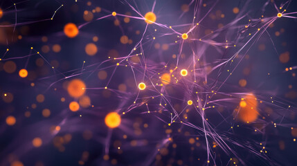 Microscopic structure with bright orange dots and intricate connections, creating vibrant and dynamic visual representation of cellular or molecular networks