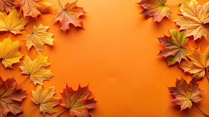 Wall Mural - Autumn seasonal background with maple leaves on orange backdrop flat lay