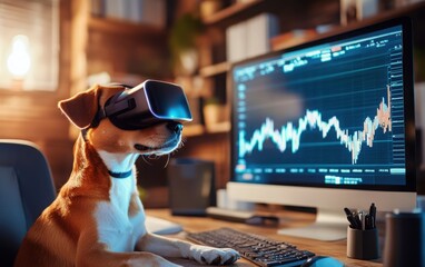 Poster - A playful dog wearing a VR headset in a modern home office, analyzing a holographic stock market chart on a computer. 