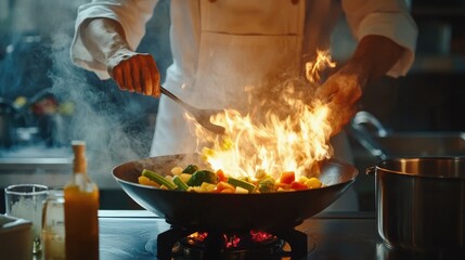 Chef Cooking Colorful Vegetables in a Wok with Flames