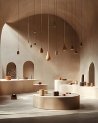 Fototapete - Contemporary 3D product studio setting featuring a minimalist empty room with earthy brown decor a central display plinth