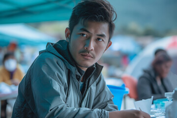 Focused Young Man Outdoors in Casual Hoodie with Blurred Background