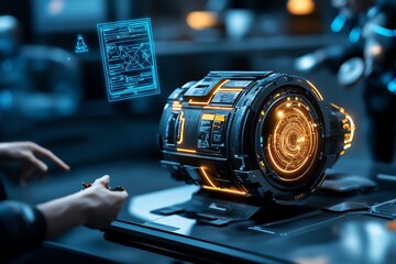 Aufkleber - Fantasy scene of a glowing alien device being reverse engineered, with scientists studying its mysterious technology while holographic diagrams float in the air