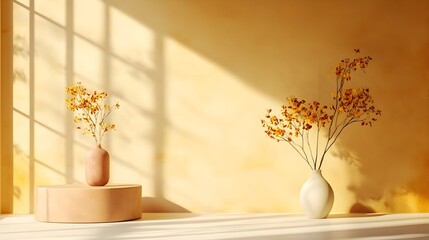Fototapete - Earthy ochre toned 3D studio room with empty floor and wall product display podium and warm directional sunlight from window casting a soft shadow overlay on the countertop  Clean