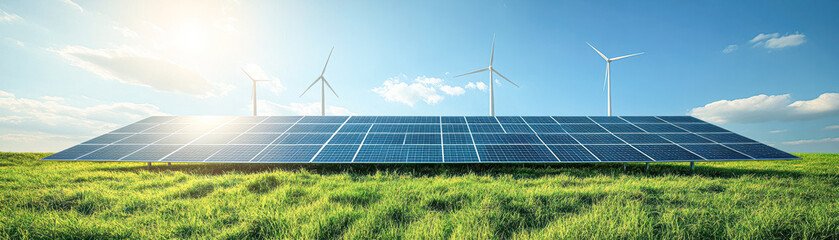 Poster - A field of grass with a row of wind turbines in the background