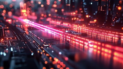 Poster - Abstract digital cityscape with vibrant lights at night, showcasing technology's intricate details