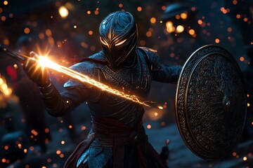Aufkleber - Fantasy scene of a warrior with a sword glowing with light in one hand and a shield of darkness in the other, symbolizing the balance of dualism in battle