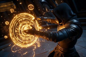 Poster - Fantasy scene of an engineer reverse engineering a magical artifact, with glowing runes and gears floating in the air as they disassemble it