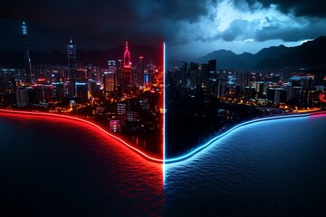 Poster - Futuristic depiction of a digital city divided in half, one side glowing with neon lights and the other dark and dystopian, representing dualism in future worlds