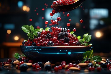 Poster - Futuristic depiction of a high-tech kitchen where antioxidant-rich foods like berries and nuts are prepared using smart technology for optimal health benefits