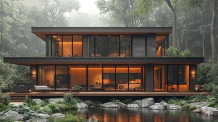 Poster - A large house with a lot of windows and a wooden deck