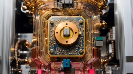 Poster - Exploring high fidelity quantum computing hardware showcasing advanced technology and design in a lab environment
