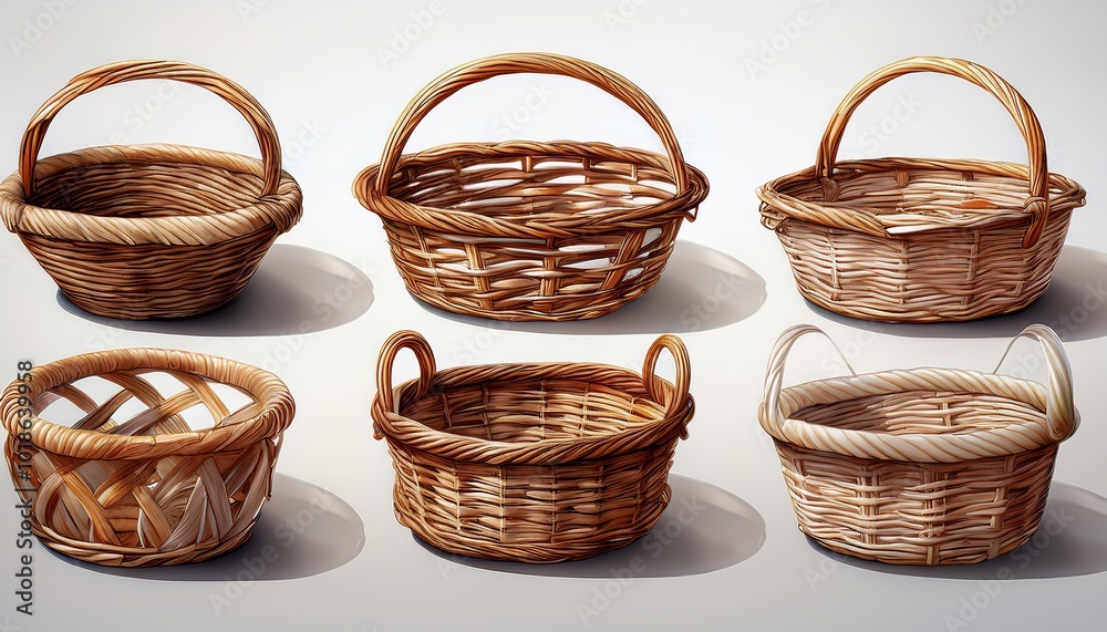 Montage of wicker baskets with a white background, collection of basket ...