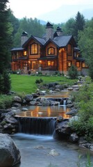 Poster - A large house with a stone chimney sits on a hillside next to a stream