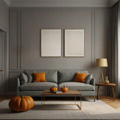 Modern minimalist living room interior in grey tones with orange pouf