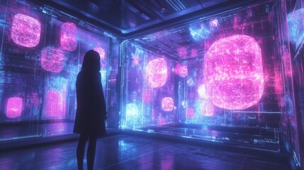 Poster - A scientist explores interactive holographic displays in a futuristic quantum field theory lab