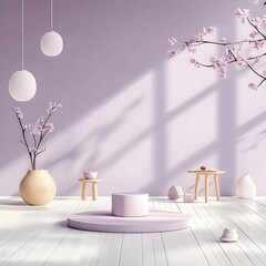 Wall Mural - Minimalist and serene 3D studio setting with pastel lavender walls clean hardwood floor and a central product podium  Bright natural light from a window casts soft shadows across the scene