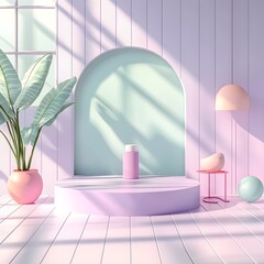 Fototapete - Empty 3D studio setting with pastel lavender walls clean hardwood floor product podium in center natural light from window casting shadows across counter serene mockup