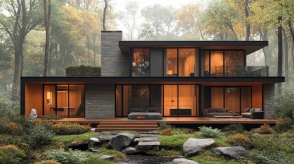 Poster - A large house with a stone exterior and a wooden deck