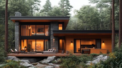 Poster - A large house with a lot of windows and a wooden deck