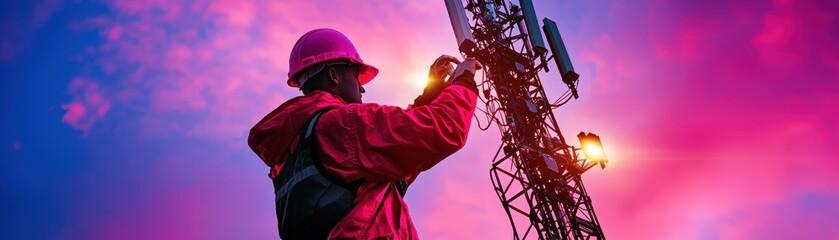 A technician in a safety helmet works on a telecommunications tower under a vibrant, colorful sky at sunset.