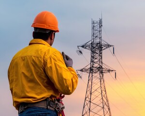 A worker in a safety helmet and jacket inspects a power transmission tower against a colorful sunset backdrop.