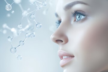 Wall Mural - A woman with a very clear face and blue eyes is the main focus of the image