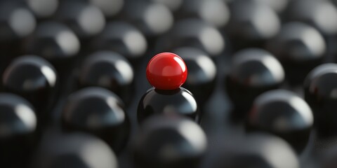 Poster - A black and red ball is the only one in a group of black balls. The red ball stands out and draws attention