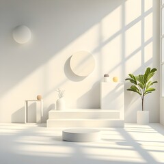 Fototapete - Contemporary minimalist product display scene featuring a central podium with a 3D product visualization in warm