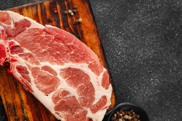 raw pork steak gourmet meat pork escalope dish tasty food background on the table rustic food top view copy space