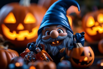 Poster - Hyper-realistic close-up of a gnomeâ€™s face, smiling while holding a trick-or-treat bag, with detailed reflections of glowing pumpkins and candy wrappers in the background