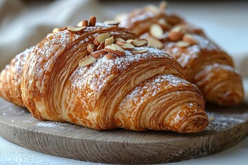 Almond croissant with powdered sugar on white background  , free space text, copy space, copy space for text,