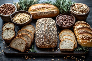 Assorted types of bread and grains on dark wooden background