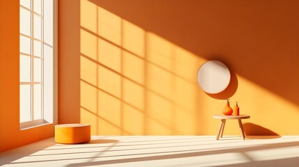 Fototapete - 3D interior studio room with earthy brown background empty floor and wall product podium shadow overlay from window to countertop minimalist mockup with ambient natural sunlight