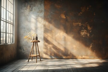 Wall Mural - Serene 3D studio setting with rustic brown backdrop bare floor and walls central product stand window light creating soft shadows digital of a product showcase