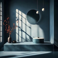 Fototapete - Sleek 3D studio setting featuring deep indigo walls a blank display platform and window light casting dramatic shadows across the surface showcasing a digital product with natural lighting effects