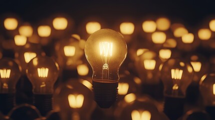 Lone glowing light bulb stands out among many dimly lit bulbs, symbolizing ideas.