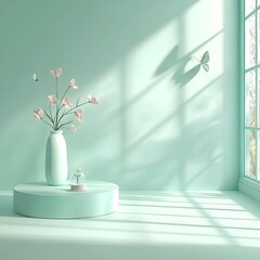 Fototapete - Tranquil 3D studio environment with a soft mint green background bare floor and wall product presentation pedestal window shadow effect on the countertop