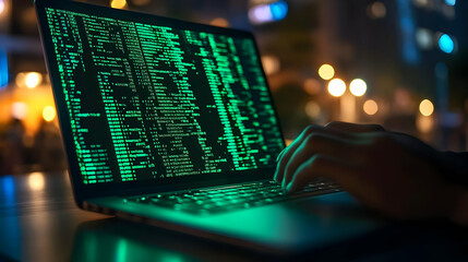 Programmer Working on Laptop with Green Code on Screen in Dark Room