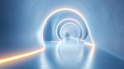 Futuristic Tunnel with Glowing Neon Lights and Reflective Floor