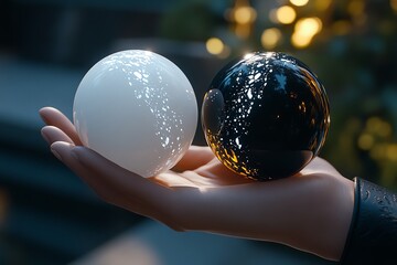 Aufkleber - Hyper-realistic close-up of a personâ€™s hand holding two orbs, one glowing white and the other black, symbolizing the balance of light and darkness in dualism