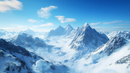 A breathtaking view of snow-covered mountains under a clear blue sky, with jagged peaks and deep valleys filled with snow