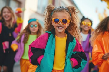 Joyful children in colorful costumes parade for a vibrant Halloween celebration