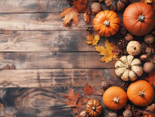 Wall Mural - Autumn harvest arrangement of pumpkins leaves and natural elements on rustic wood background top view with empty space in white brown and orange hues